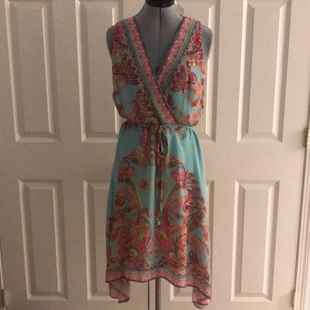 Sandra Darren Sleeveless Turquoise & Pink Paisley Wrap Dress 10